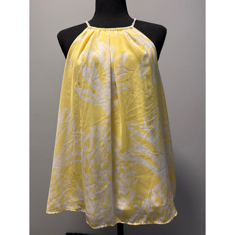 Yellow Pineapple Print Top Braided Straps Pleated Tropical Blouse Womens